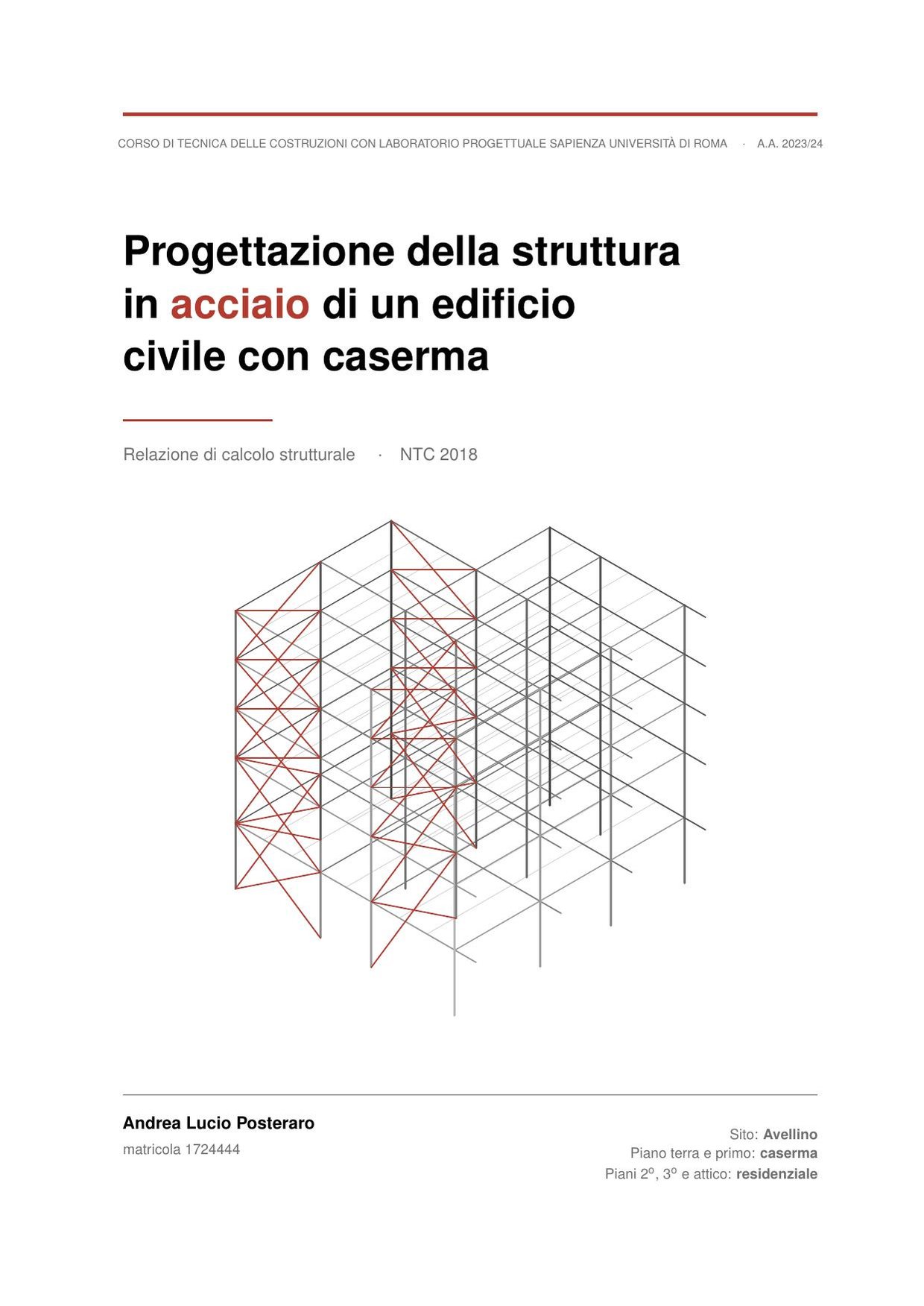 Copertina della relazione di calcolo in acciaio