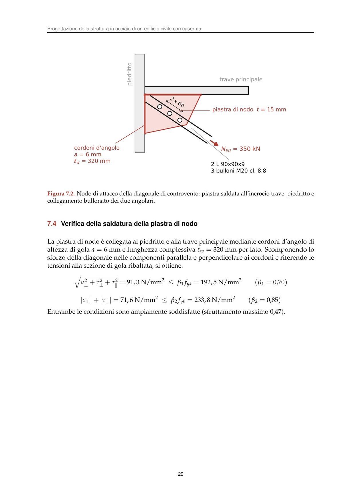 Nodo di attacco della diagonale: piastra saldata e collegamento bullonato