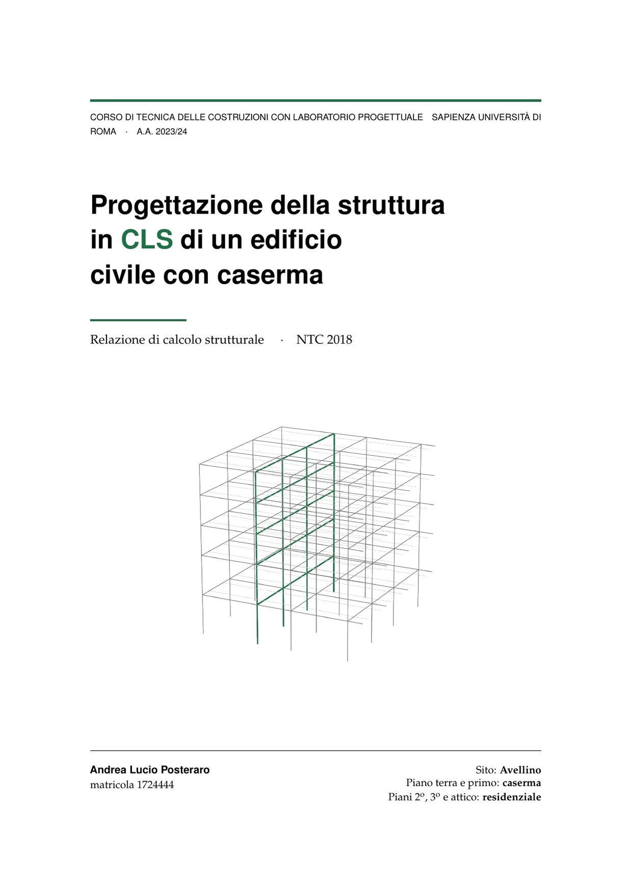 Copertina della relazione di calcolo in cemento armato